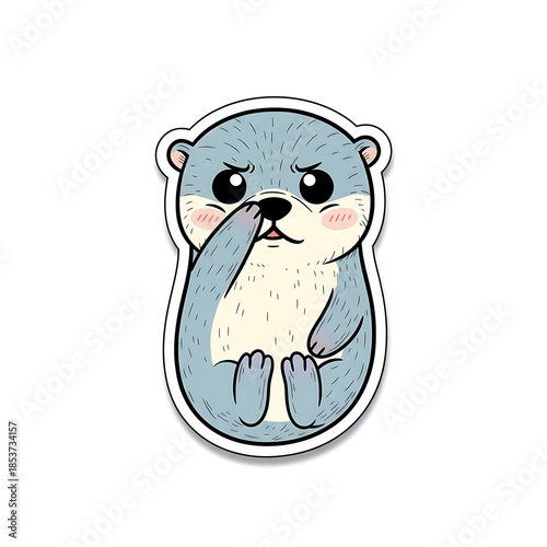 Cute cartoon otter sticker looking displeased with hand near face. Funny animal emotion illustration for graphic design or children book.