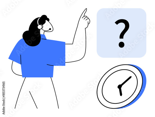 Time management, decision-making, problem-solving, planning, task prioritization, productivity strategies. A woman pointing toward a question mark, with a clock below. Time management