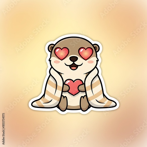 Cute otter character with heart eyes holding a red heart, bundled in a striped blanket. Adorable animal illustration for Valentines Day.