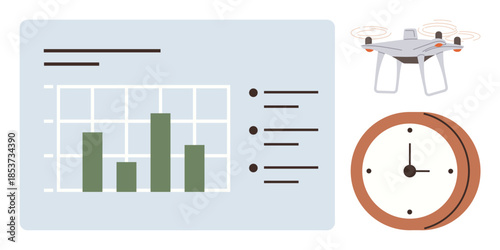 Bar chart displaying data analysis, a quadcopter for innovation and technology, and a wall clock symbolizing time. Ideal for analytics, innovation, timing, research, progress tech planning. A