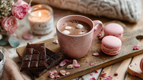 チョコ、ココア、マカロン、ロウソクがテーブルの上に置かれていて暖かな雰囲気