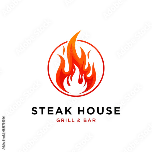 Vibrant fire flame icon within a red circle for steak house grill and bar logo