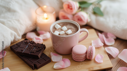 チョコ、ココア、マカロン、ロウソクがテーブルの上に置かれていて暖かな雰囲気