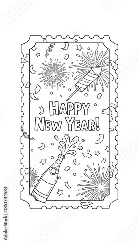 New Year celebration scene with fireworks and champagne bottle illustration