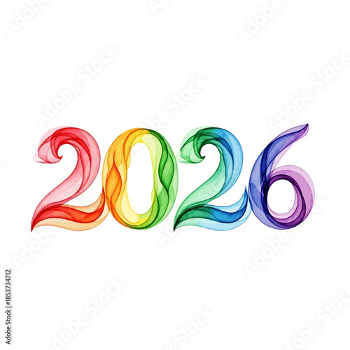 Vibrant rainbow swirls form the colorful 2026 New Year illustration