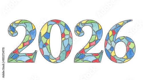 Vibrant Mosaic Art of Future Year 2026 on White Background
