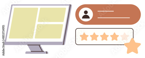 Computer monitor beside user profile card and a five-star rating scale. Ideal for customer reviews, user ratings, feedback, online services, quality assessment, interface design, simple flat metaphor