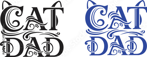 Cat dad typography logo design, decorative lettering with paw and tail elements, modern pet lover vector illustration, black and blue color variations