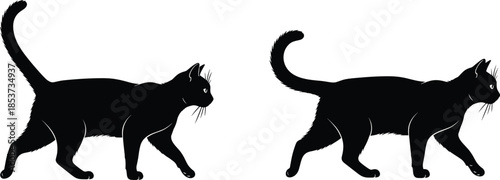 Black cat walking silhouette set, elegant feline animal vector illustration, graceful pet motion poses, minimalist design elements, isolated on white background
