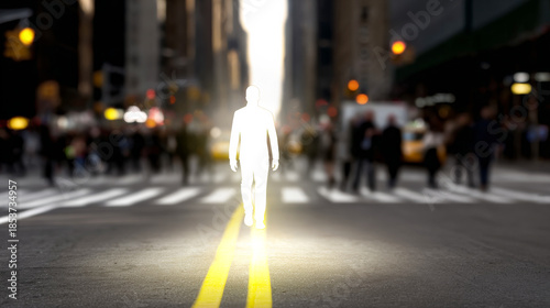 Figure walking on street in city. A figure walks on a yellow line in a busy city street filled with people and cars in the background during daylight.