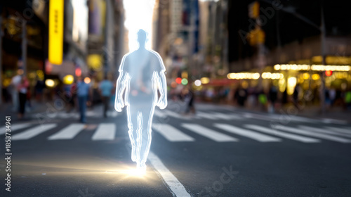 Night walk through busy streets. A person walks in the middle of a street filled with lights and people during the night in a city.