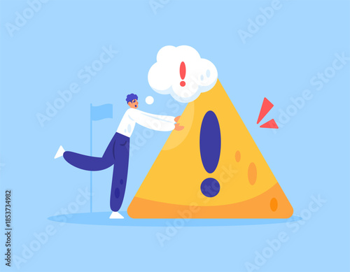 Illustration of a man with a warning symbol. Getting a warning sign. Risk management concept. Analyzing, evaluating, and controlling threats. Flat design style. Blue background. Issue, problem, error,