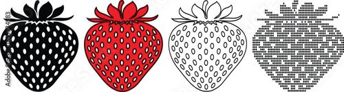 Four different styled strawberries side by side on white background