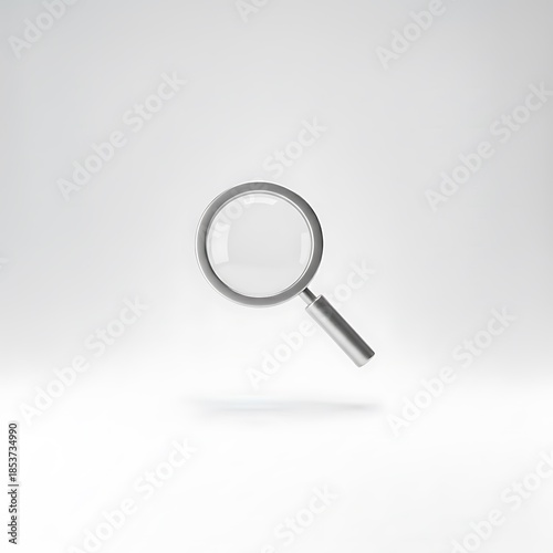 Magnifying glass floating in a minimal white space. Search and discovery concept for web design or business investigation.