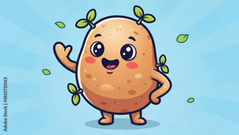 Naklejka premium Cheerful cartoon potato character waving leaves against a bright blue sky.