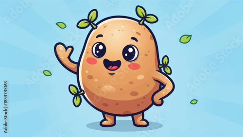 Cheerful cartoon potato character waving leaves against a bright blue sky.