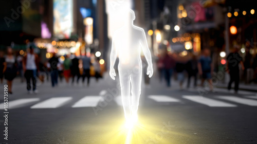 Man walking in city at night with light. A person walks down a busy city street at night surrounded by bright lights and many people in the background.