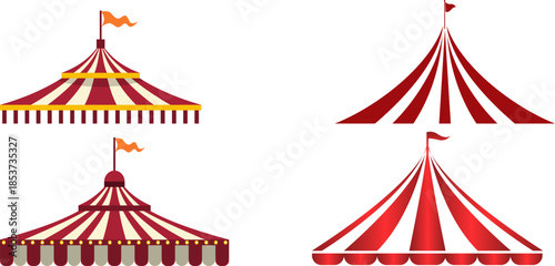 Red Circus Tent with Flag, Carnival Marquee and Striped Canopy Vector Collection
