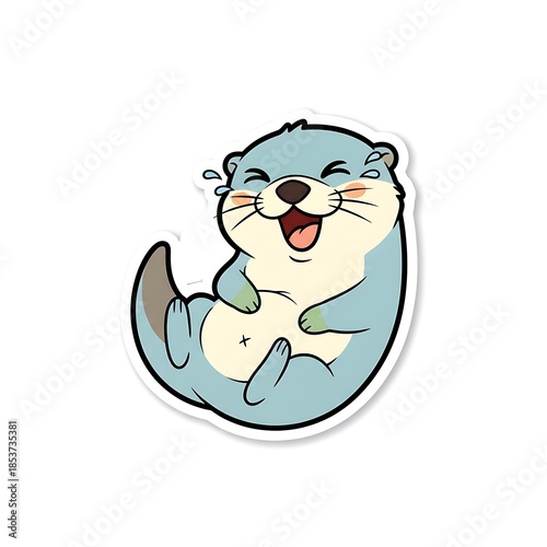 Cute cartoon otter sticker laughing very happily with tears of joy, creating a cheerful graphic design element for web, children product, and social media.