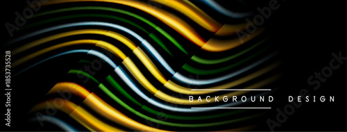 Abstract flowing lines create dynamic visual effect. Dark background emphasizes vibrant color gradients, modern design element.