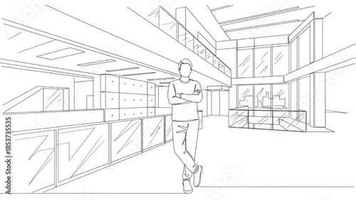Businessman walking in modern office building with minimalist line art style in monochrome grayscale for architectural visualization