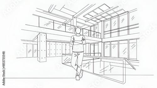 Businessman walking in modern office building with minimalist line art style in monochrome grayscale for architectural design