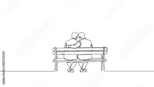 Couple Embracing on Bench in Simple Line Art with Minimalist Style in Monochrome for Romantic Illustration