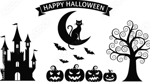 Happy Halloween silhouette scene, black cat on crescent moon, spooky castle pumpkins bats and twisted tree, festive holiday vector illustration, black and white design