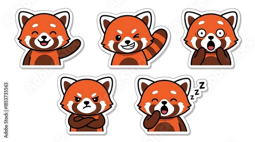 Collection of red panda cartoon stickers expressing various emotions including happy, winking, surprised, angry, and sleepy for design element.