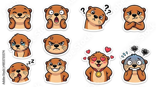 Otters with different emotions stickers. Cute cartoon emoticon set for social media, messaging, and digital communication depicting various feelings.