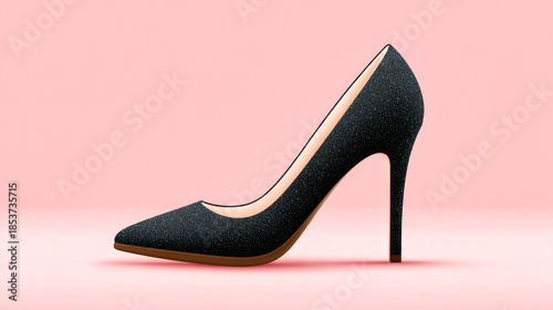 Pink studio with high heel. A black high heel shoe sits on a pink background. The shoe has a pointed toe and a shiny finish.