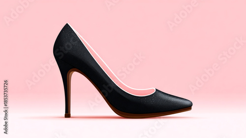 High heel shoe on a pink background. A black high heel shoe is placed on a pink surface. The shoe has a sleek design and a pointed toe.