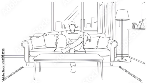 Man Relaxing on Sofa in Modern Living Room with Soft Natural Lighting for Home Decor Advertising