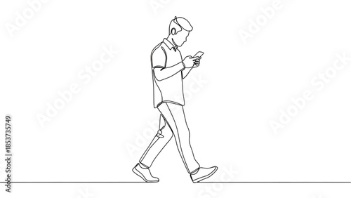 Man walking with smartphone in continuous line art style with minimalist white background for mobile app illustration