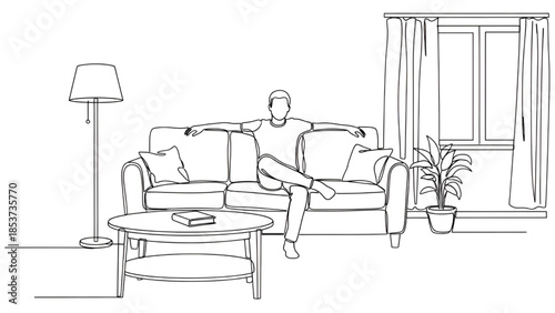 Man Relaxing on Sofa in Modern Minimalist Living Room with Soft Natural Lighting for Home Decor