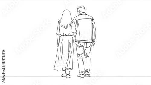Couple Holding Hands in Simple Line Art Style with Monochromatic Color on White Background for Romantic Illustration