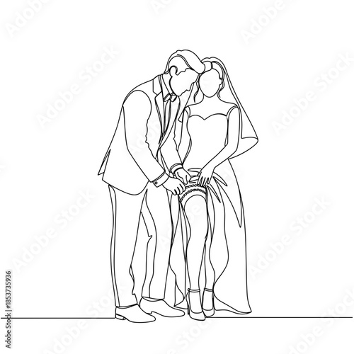 Groom removing bride’s garter romantic wedding line drawing, playful newlywed couple moment, sensual tradition, close pose, linear minimalist style, love, intimacy, celebration,reception party detail