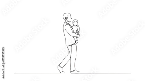 Father holding baby in minimalist line art with soft white background for parenting illustration