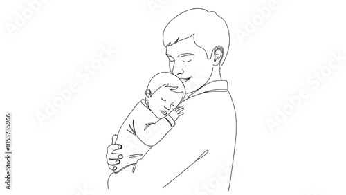Father holding baby in tender embrace with soft minimalist line art in monochrome for parenting illustration