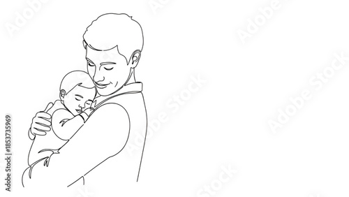 Father holding baby in minimalist line art with soft gentle expression in black and white illustration for parenting