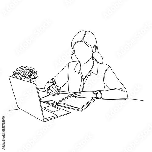 Wedding planner at work writing notes at laptop line drawing, focused woman organizing event schedule, office desk with notebook, computer, planning details,productivity, minimal continuous line style