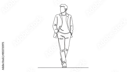 Man Walking Alone in Minimalist Line Art Style with Monochromatic Color on White Background for Fashion Illustration