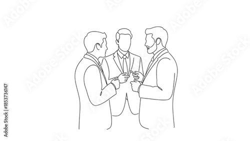 Three Businessmen Discussing Project in Modern Office Environment Line Art