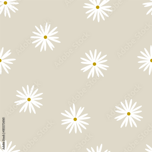 Flower blooms, seamless pattern, endless background. Floral print, camomile blossoms with delicate gentle petals. Wildflowers, nature texture design for textile, wrapping. Flat vector illustration