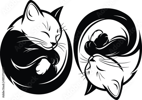 Sleeping cat yin yang style illustration, peaceful curled feline silhouettes forming harmony symbol, minimalist black and white vector artwork, calm balance pet design