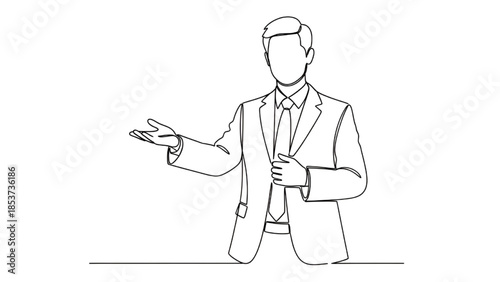 Businessman Presenting with Confidence in Suit, Isolated on White, Line Art Style