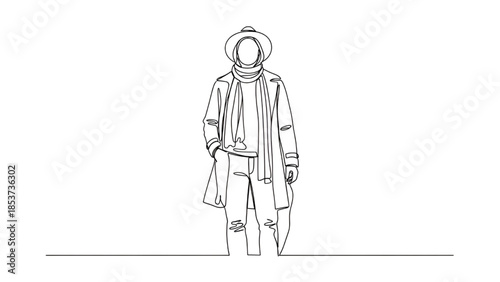 Astronaut Standing Alone in Space Suit Line Art Illustration