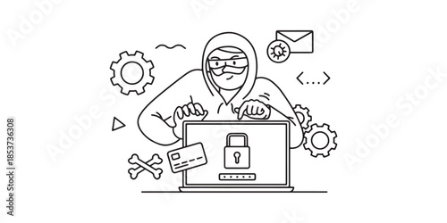 Illustrator vector line art doodle drawing of a hacker in a hoodie stealing data from a laptop with padlock, credit card, and malware icons, representing cybersecurity threats and internet fraud.