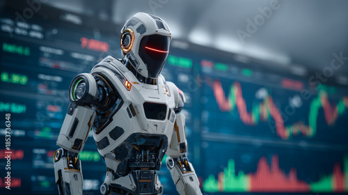 Robot by finance charts. A robot stands in front of screens showing financial charts and data. It has lights and a modern design.