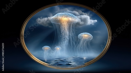 Surreal Jellyfish Clouds Floating Above Ocean Waves in a Golden Ring.